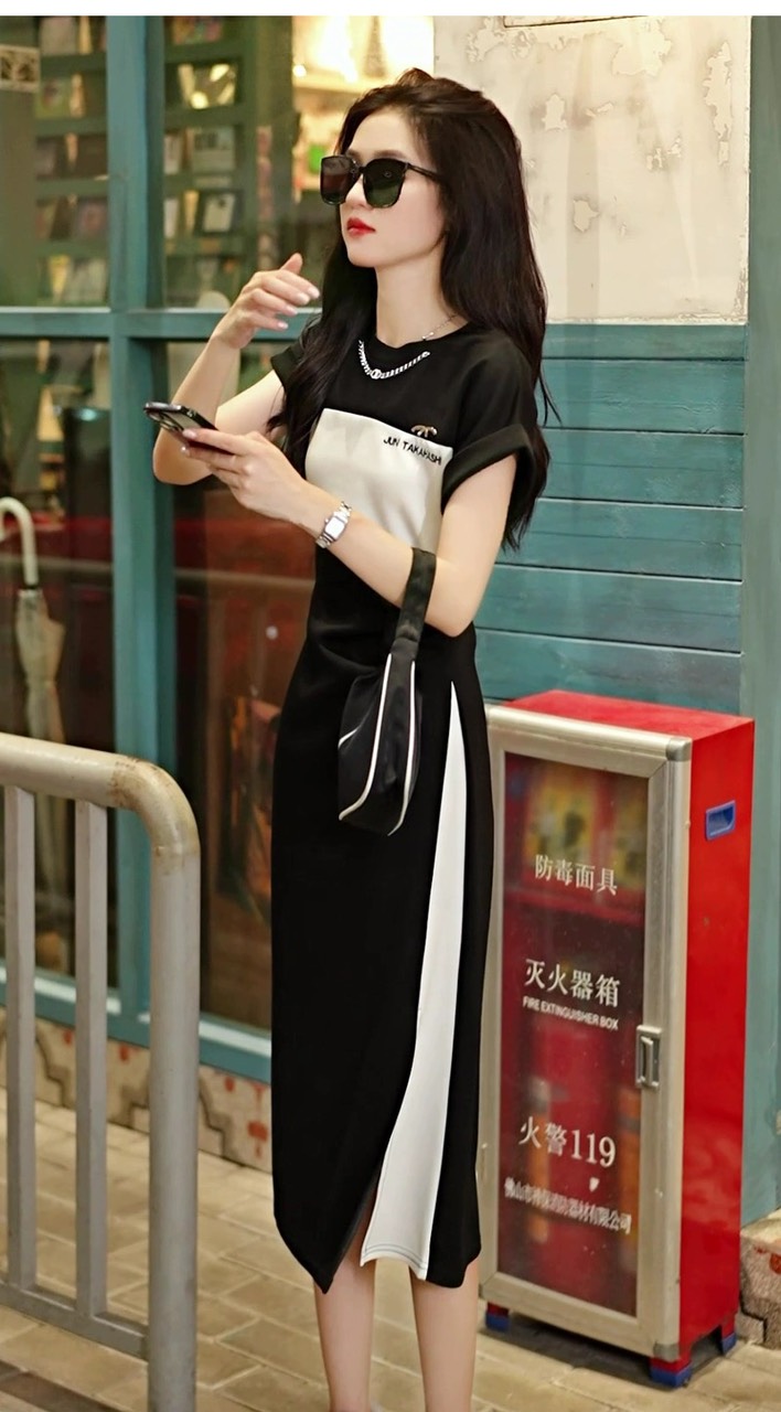 ĐẦM THUN PHỐI MÀU CHANEL CAO CẤP SANG CHẢNH- D1192