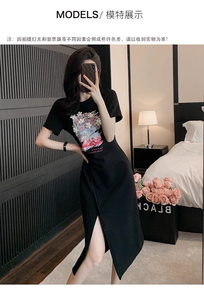 ĐẦM THUN PHỐI HOA THÊU CAO CẤP -D1194