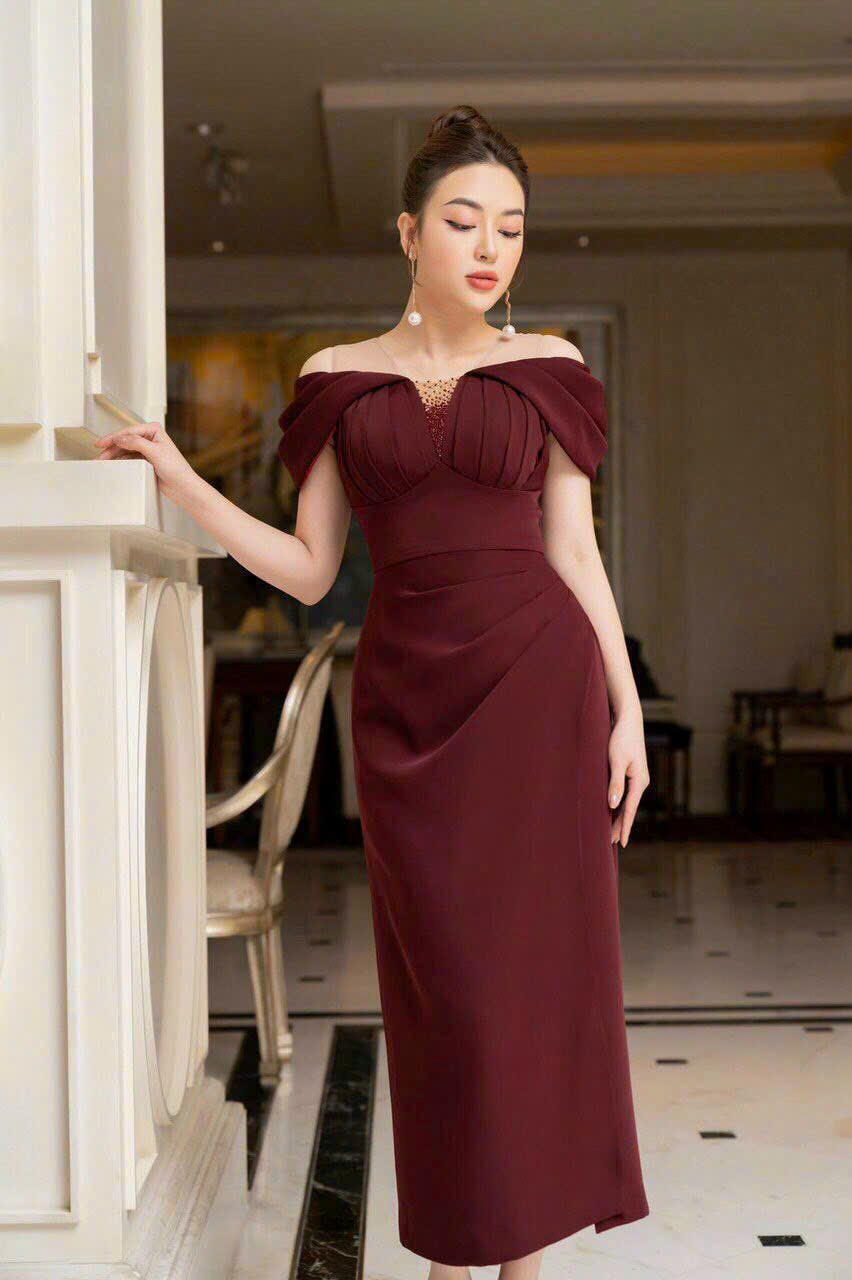 Đầm dự tiệc bẹt vai phối đá cao cấp - D1249