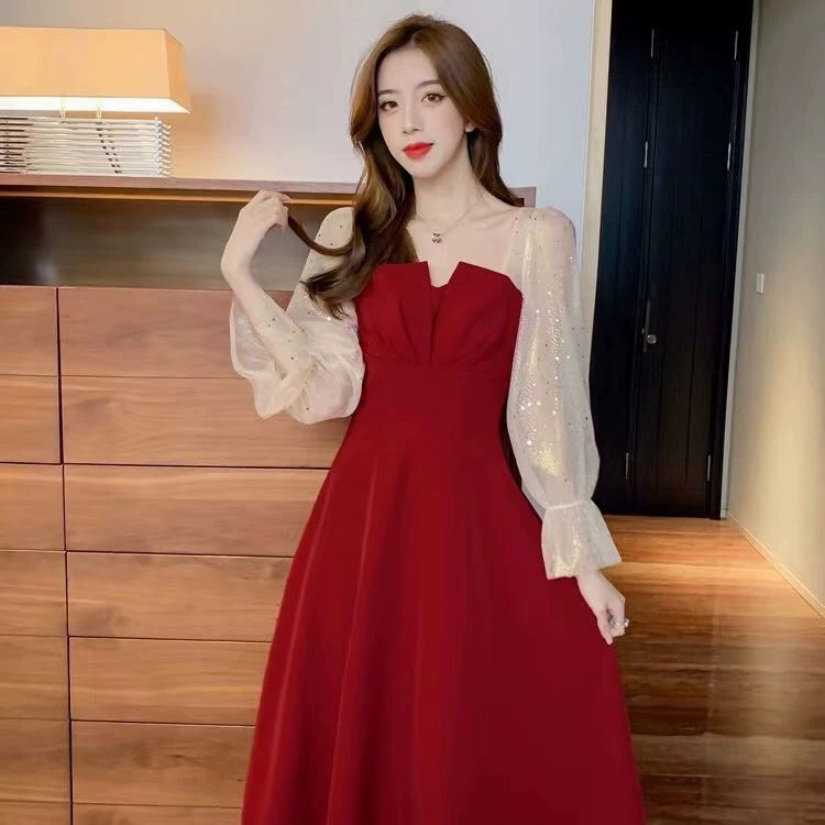 ĐẦM ĐỎ TAY VOAN KIM TUYẾN -D1278