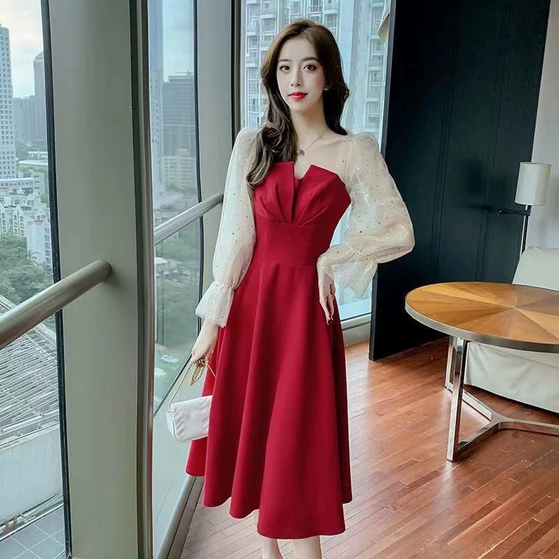 ĐẦM ĐỎ TAY VOAN KIM TUYẾN -D1278