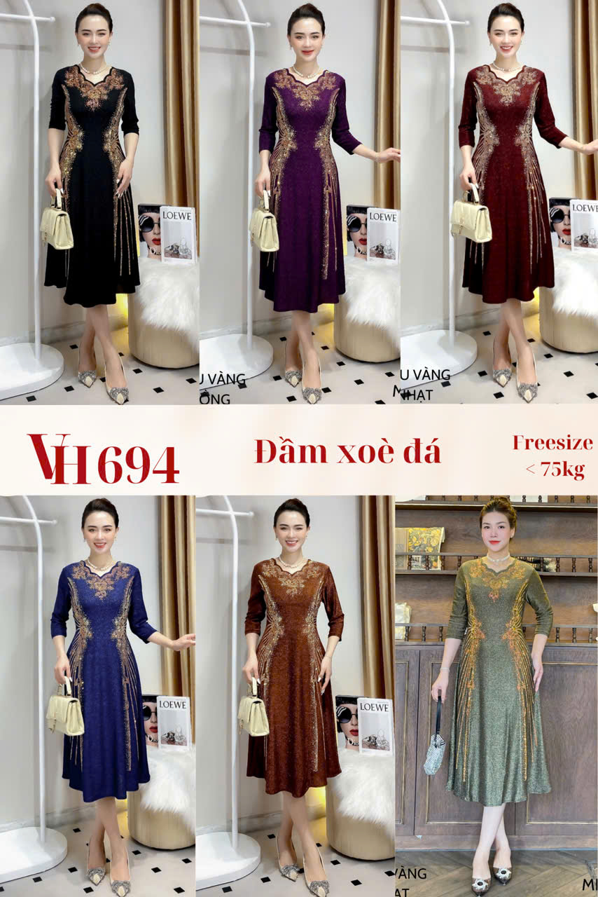 Đầm xòe trung niên thun kim sa ánh nhũ VH694