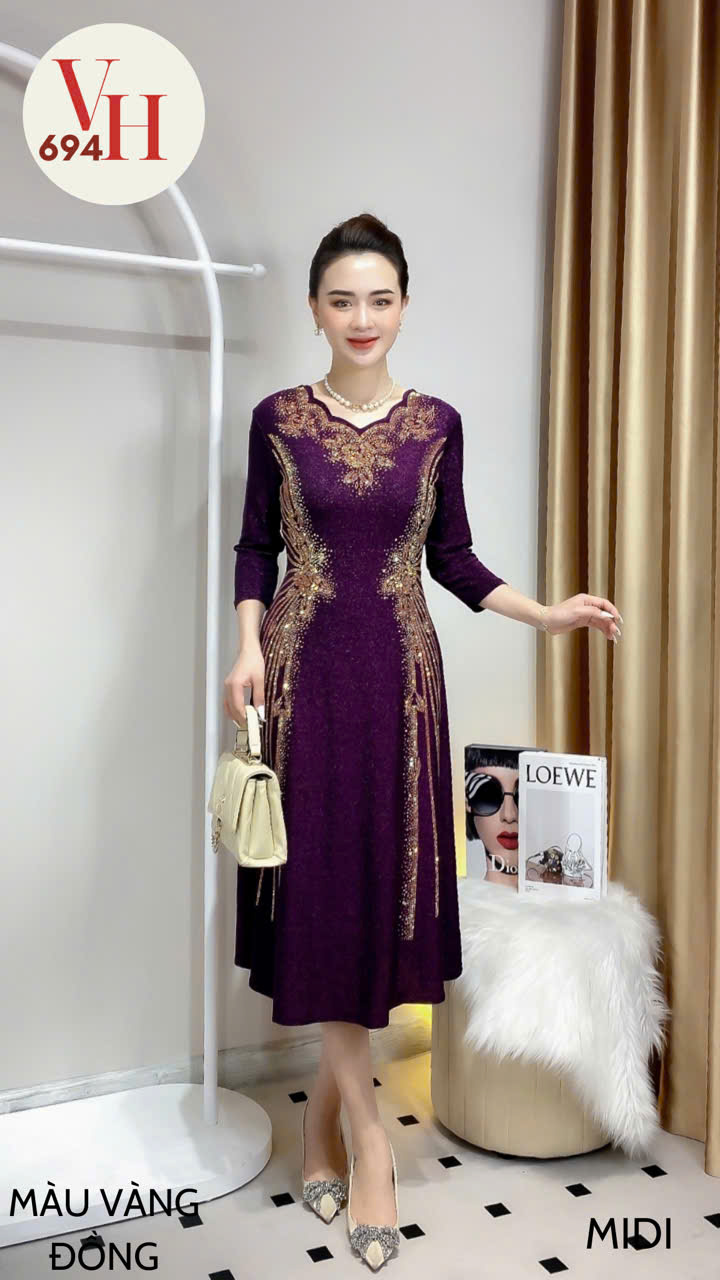 Đầm xòe trung niên thun kim sa ánh nhũ VH694