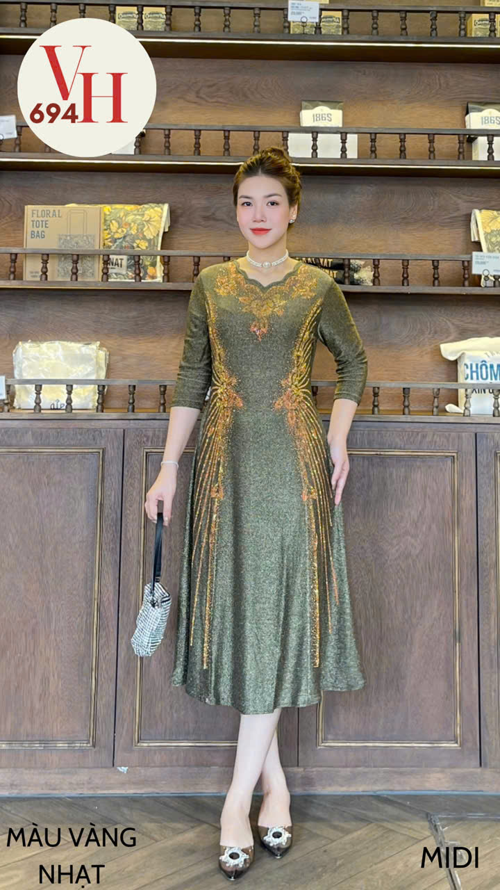 Đầm xòe trung niên thun kim sa ánh nhũ VH694