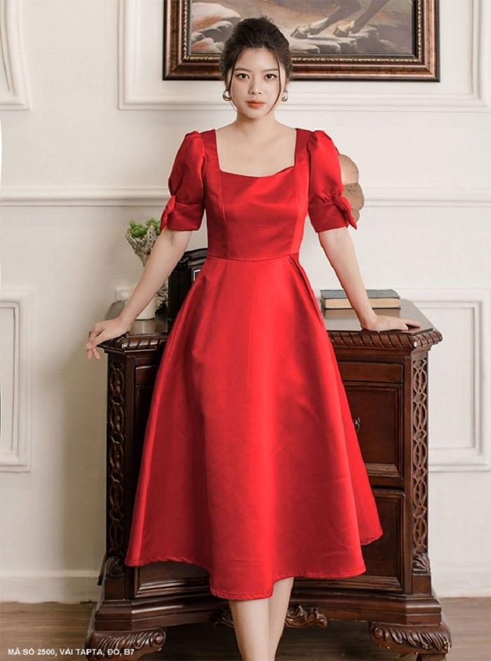 ĐẦM XÒE CỔ VUÔNG TAY NGẮN ĐÍNH NƠ TRÊN TAY TRẺ TRUNG SANG TRỌNG-2500