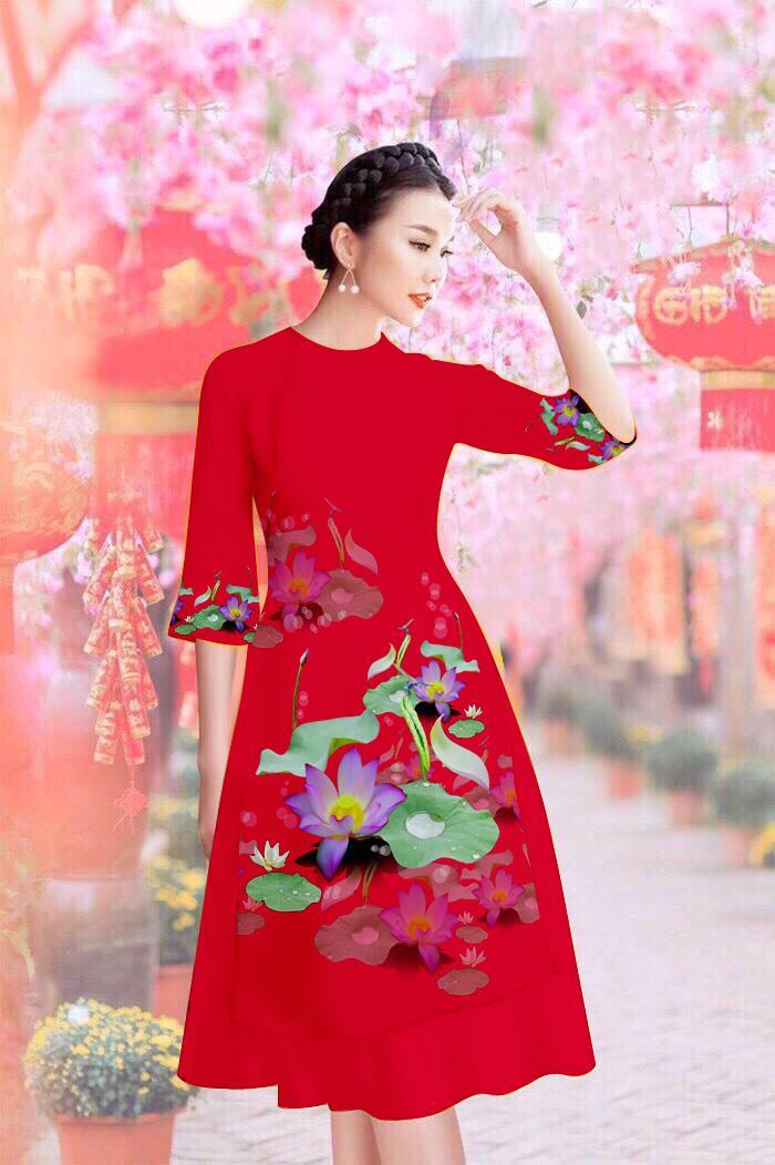Set áo dài cách tân tơ nhung họa tiết hoa sen nhỏ AV301