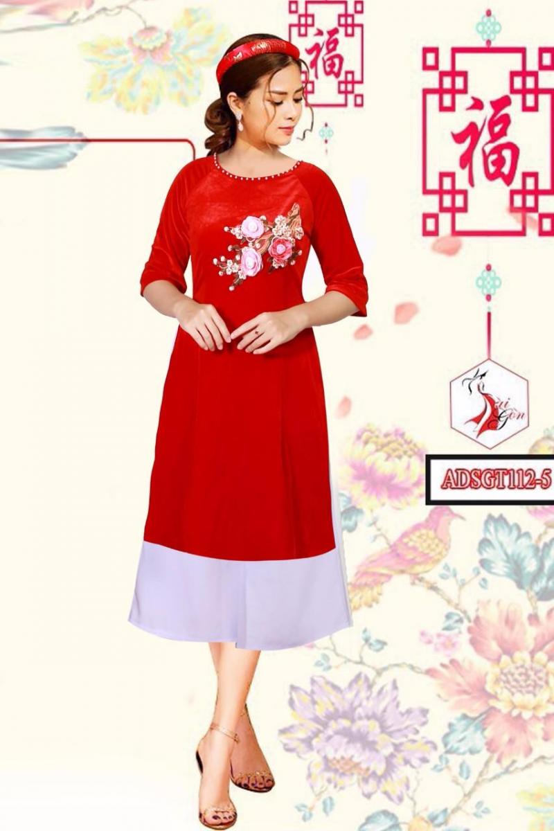 Set áo dài nhung đính hoa nổi AV312