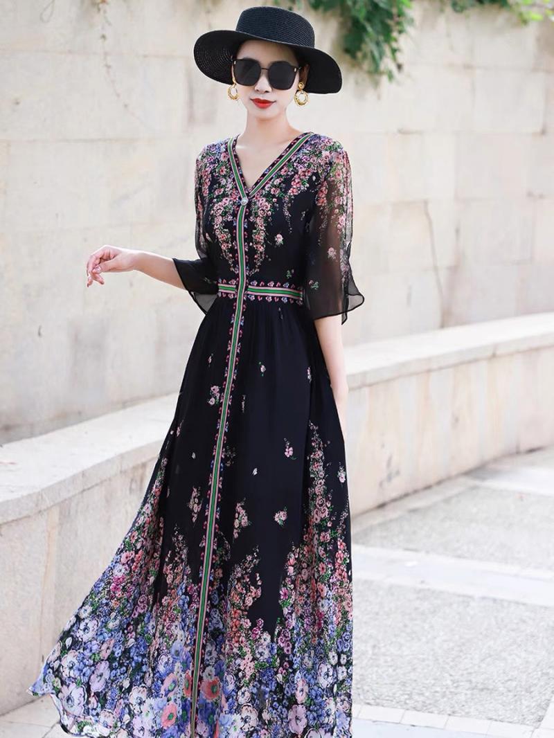 ĐẦM LỤA HOA CỔ V CAO CẤP 