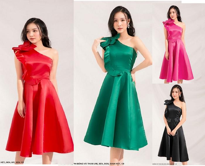 ĐẦM XÒE CỔ XÉO VAI ĐÍNH HOA LỚN SANG TRỌNG-2463