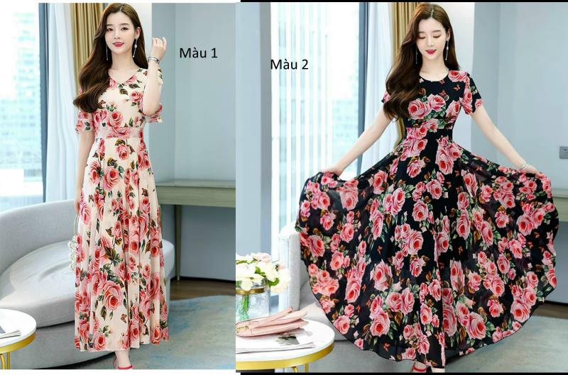 ĐẦM MAXI LỤA DÁNG DÀI HOẠ TIẾT HOA HỒNG CAO CẤP- HN1177