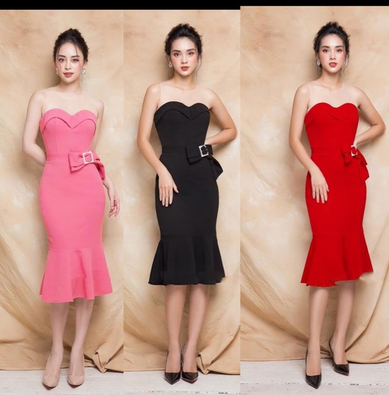 ĐẦM ÔM PHỐI LƯỚI TRƯỚC NGỰC VÀ EO ĐÍNH NƠ- DN2300
