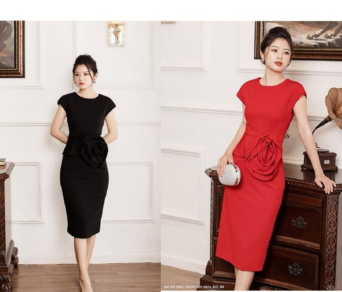 ĐẦM ÔM ĐÍNH HOA HỒNG LỚN BÊN EO SANG TRỌNG TRẺ TRUNG-2507