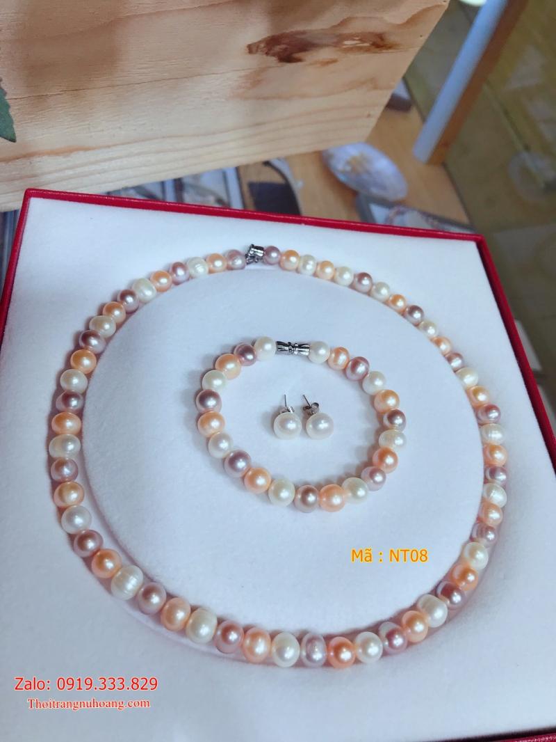 Bộ Ngọc trai tứ quý phối Ngọc trắng Hồng tím NT08