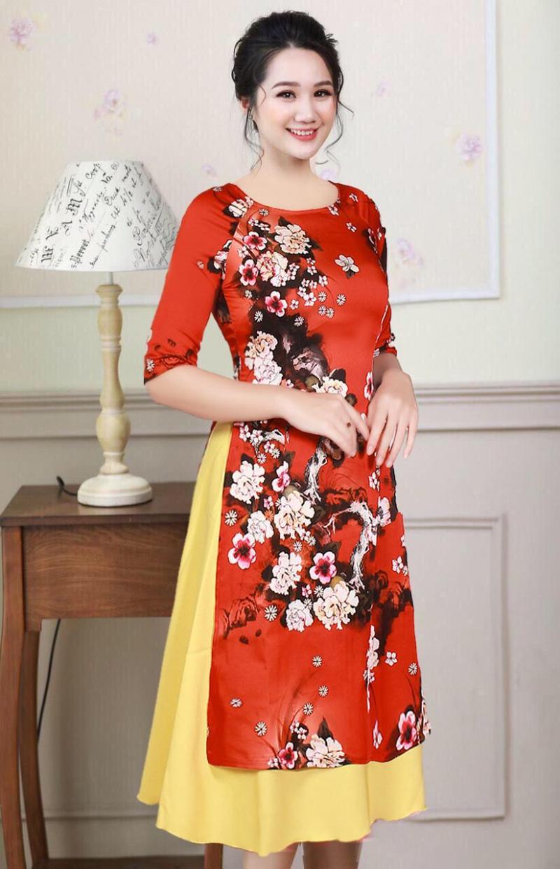 Set áo dài cách tân lụa nhật in hoa AV286