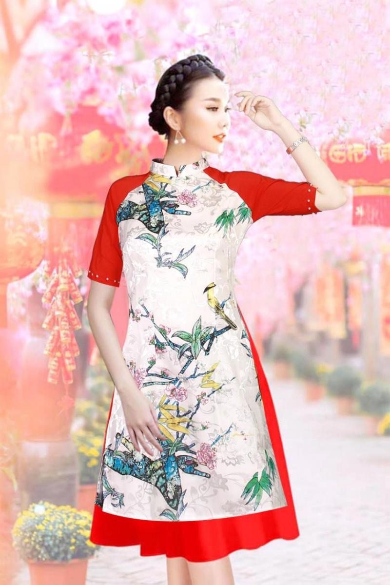 Set áo dài cách tân gấm cao cấp cổ đứng tay kết hạt AV288