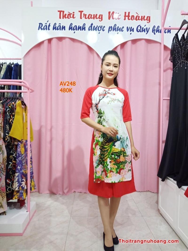 SET ÁO DÀI CÁCH TÂN TƠ NHUNG IN 3D CAO CẤP HÌNH CHIM CÔNG-AV248