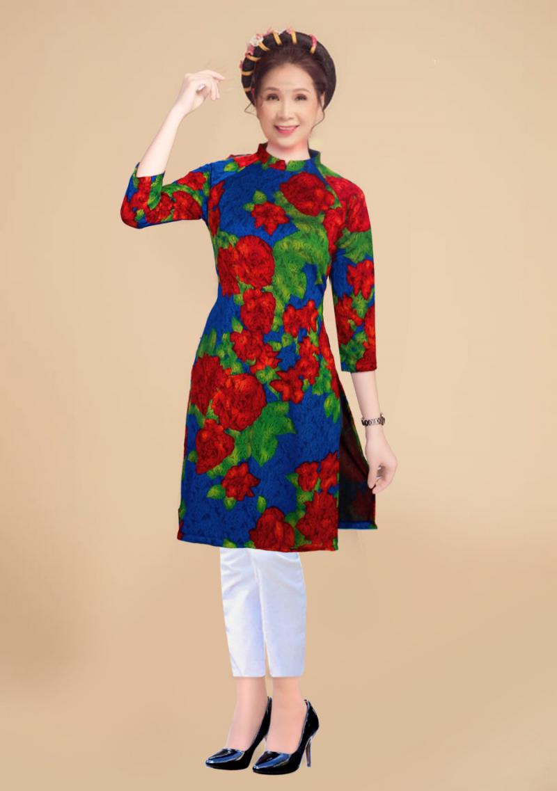 Áo dài cách tân cổ đứng vải gấm thun cao cấp màu xanh hoa đỏ - TH204