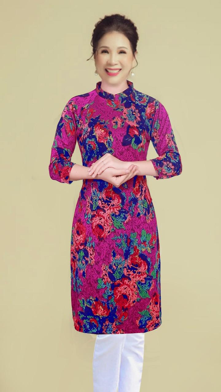 Áo dài cách tân cổ đứng vải gấm thun cao cấp màu hồng TH201