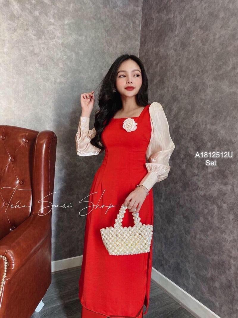 Aó dài truyền thống lụa kết hoa AV297