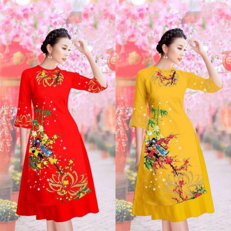Set áo dài cách tân tơ nhung in 3D cao cấp AV306