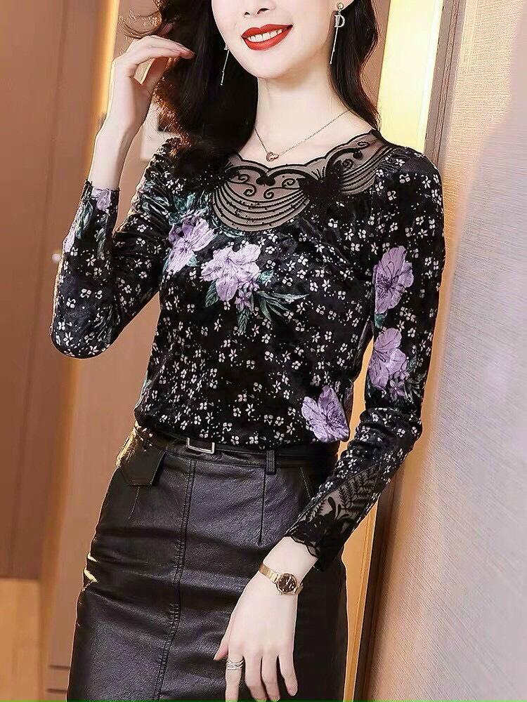Áo Nhung Hoa Tím Cổ Lưới - SM61