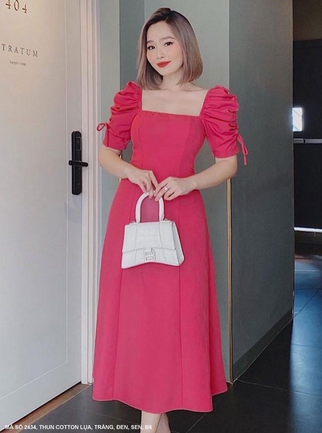 Đầm xòe đỏ cổ vuông xếp ly KK10003  Thời trang công sở KK Fashion