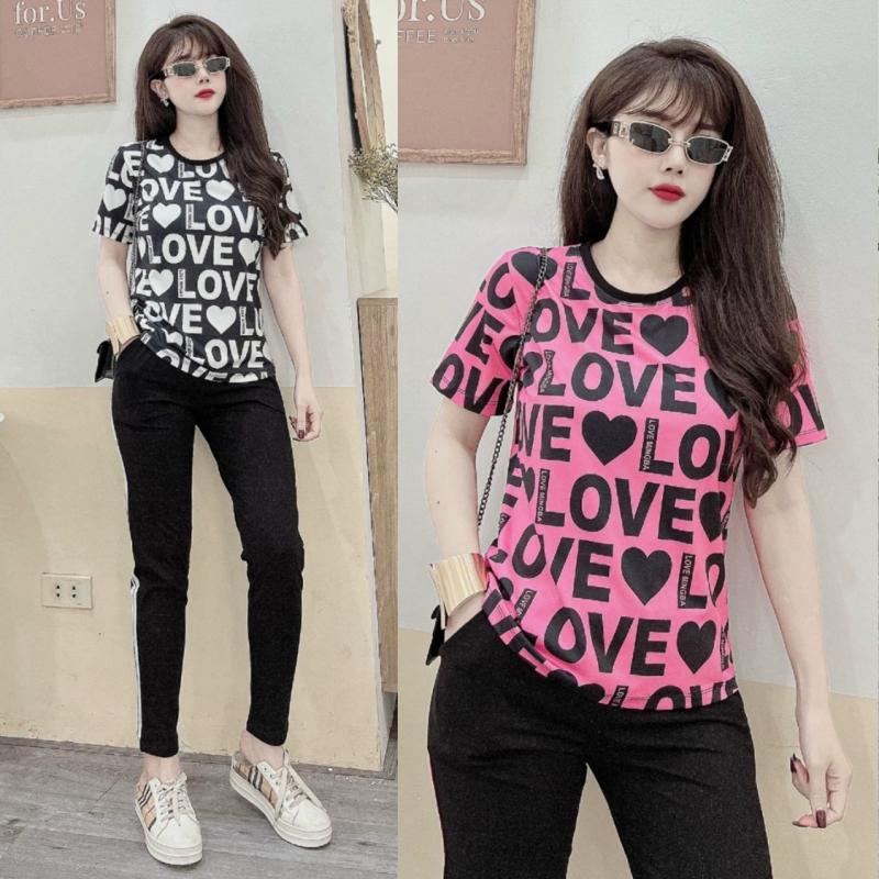 Bộ thun nữ cotton 100% phối họa tiết LOVE- BTN361