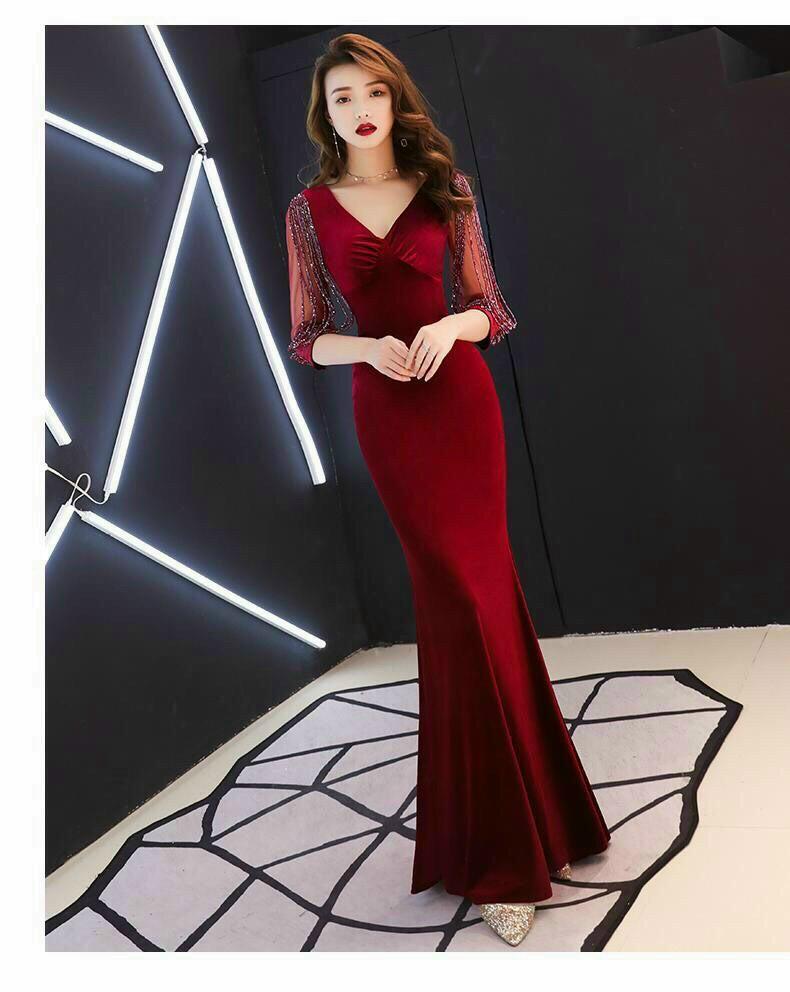 Đầm Dại Hội Nhung Cổ V Tay Đính Hạt  Cao Cấp - HN878