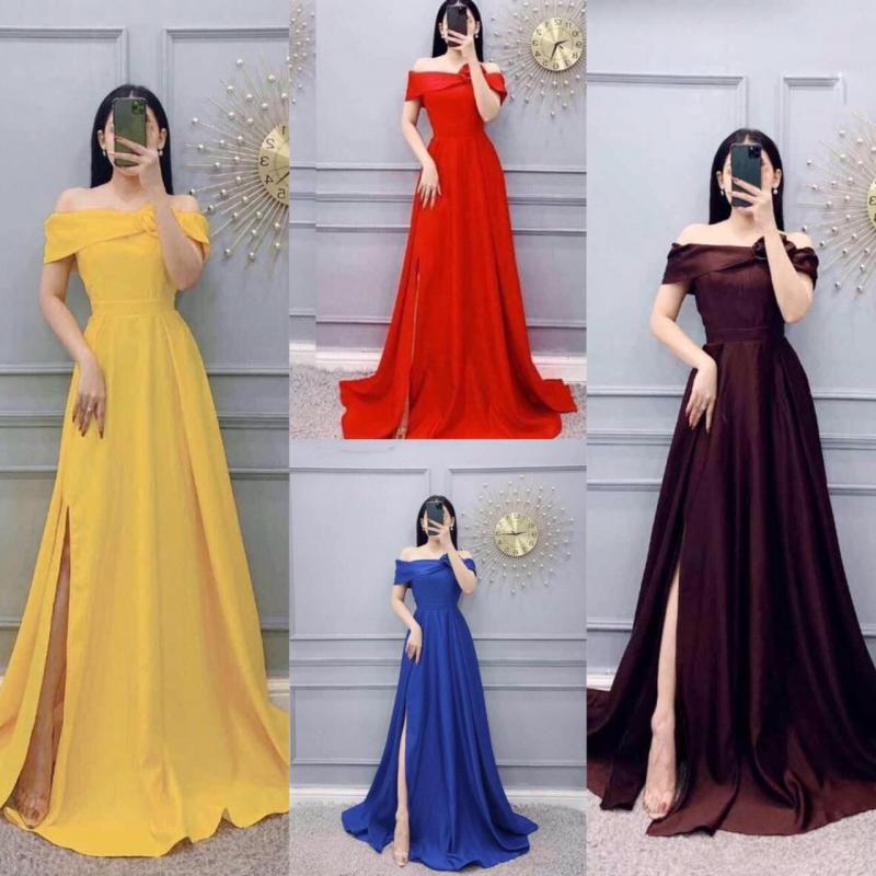 Đầm phi trễ vai đính bông D488