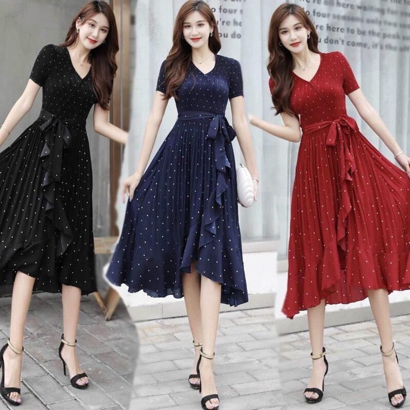 Đầm Dập Ly Chấm Bi Phối Bèo Cao cấp - HN909