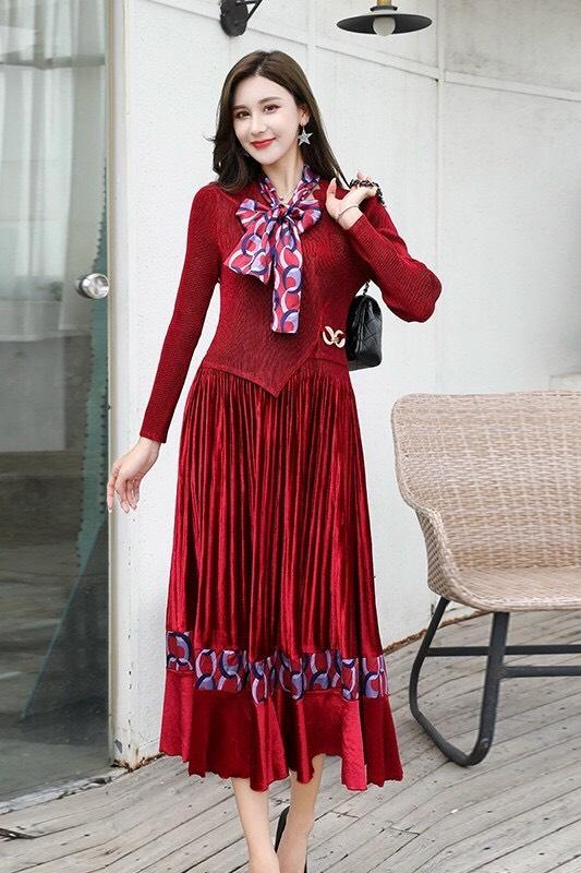 Đầm Lụa Phối Nhung Dập Ly Cao Cấp - HN953