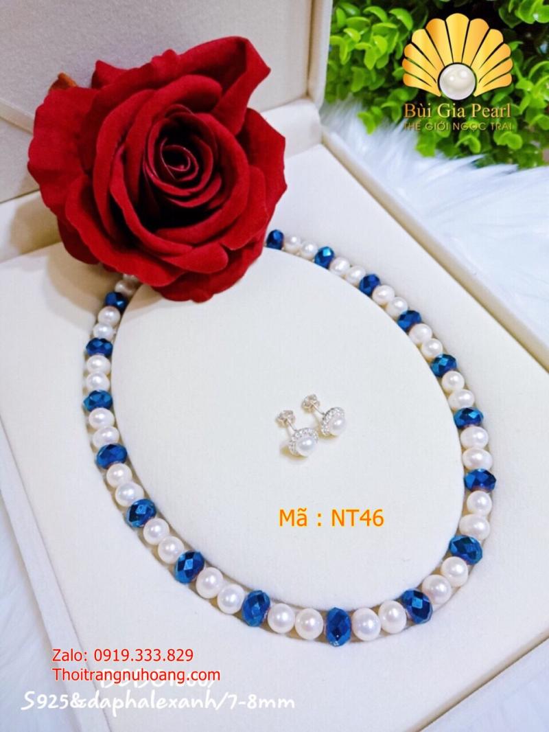 Sét Vòng Cổ Ngọc Trai Phối Pha Lê Xanh NT46