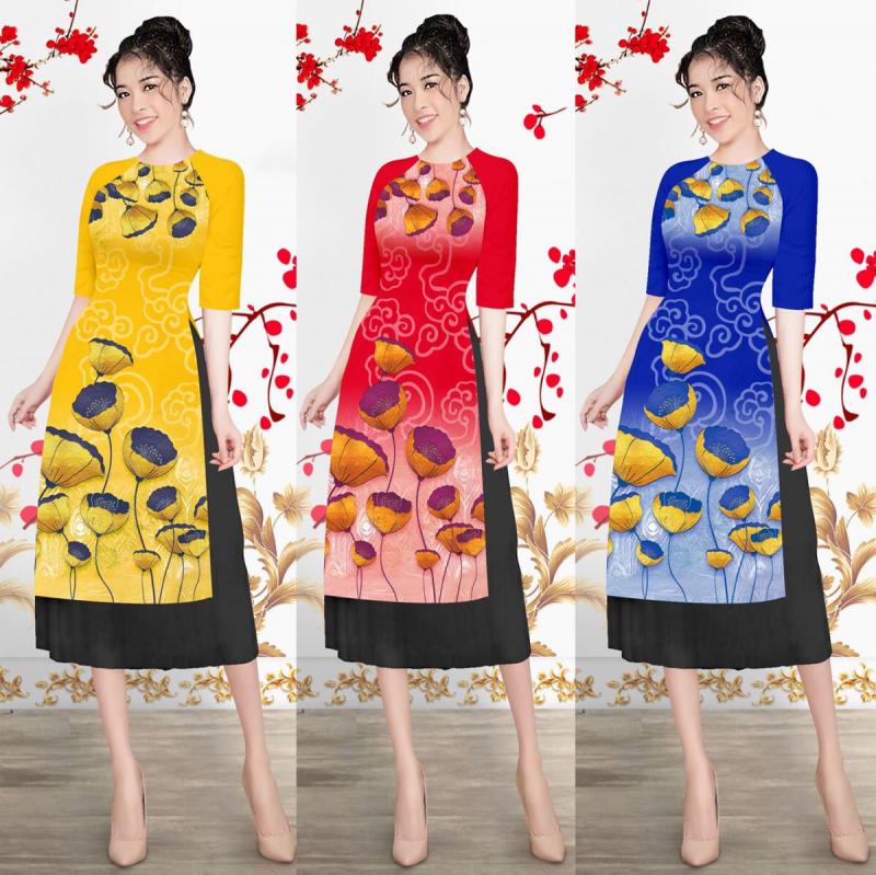 Set áo dài cách tân tơ nhung in 3D cao cấp AV281