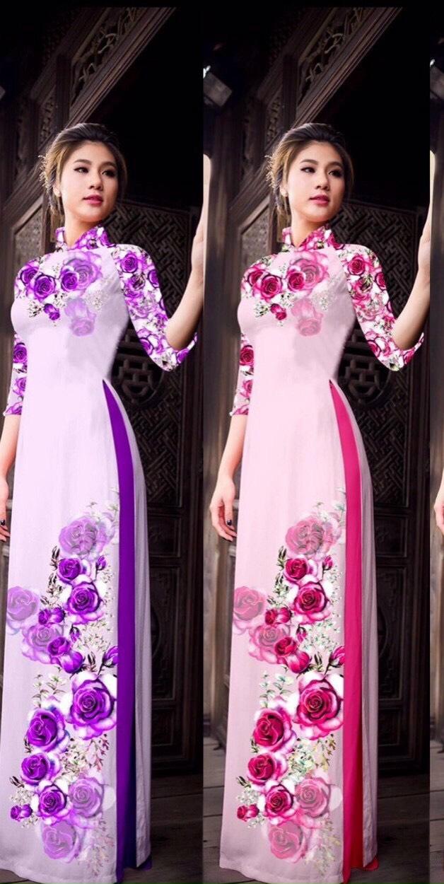 Set Áo Dài Lụa Họa Tiết Hoa Hồng - AV386