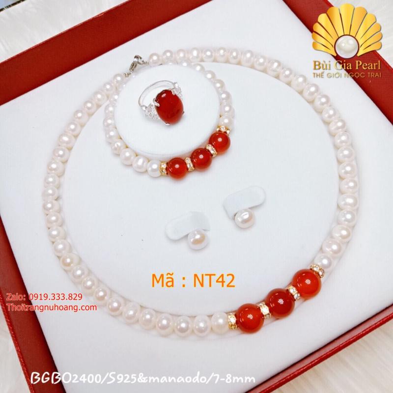 Set ngọc trai trắng phối đá đỏ cao cấp NT42