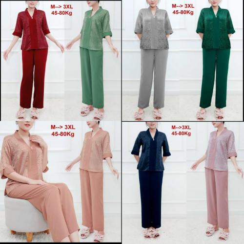 SET BỘ TRUNG NIÊN GẤM HOA PHỐI LỤA CỔ V ĐÍNH HẠT - BTN499