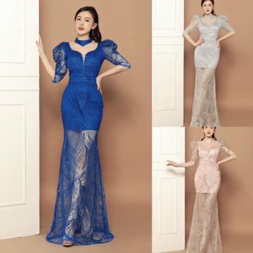 ĐẦM DẠ HỘI LƯỚI KIM TUYẾN TAY DÀI - D811