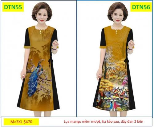 ĐẦM SUÔNG IN HỌA TIẾT ĐÍNH HẠT ĐAN DÂY 2 BÊN CAO CẤP -DTN55, 56