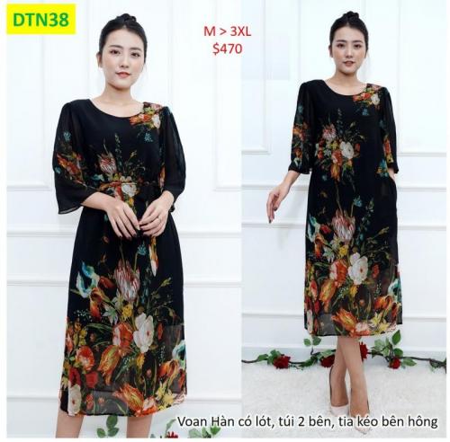 ĐẦM SUÔNG TAY CÁNH TIÊN IN HOA NGŨ SẮC CỘT EO-DTN38