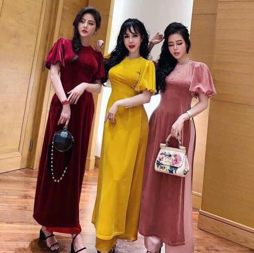 SET ÁO DÀI NHUNG TAY BỒNG CAO CẤP- AV408