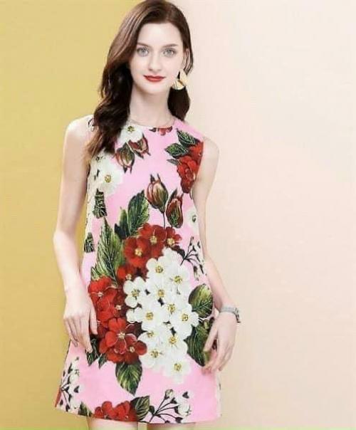 Đầm Suông Gấm Lụa Đính Đá DR họa tiết hoa (hồng, xanh) - QC01