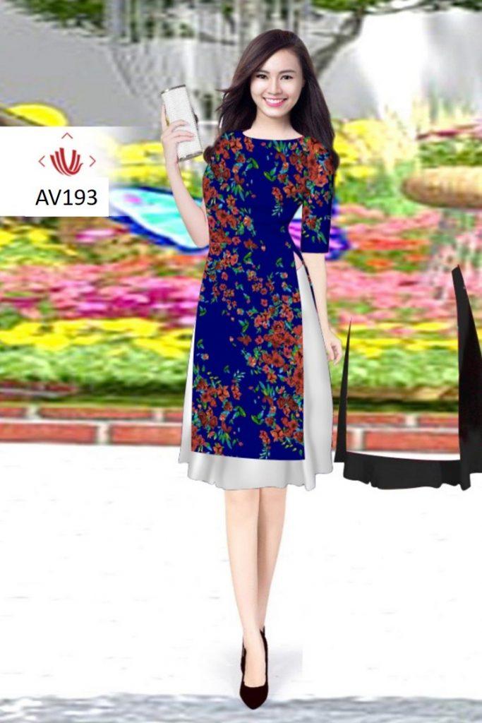 Set áo dài thun lụa in 3D cao cấp họa tiết hoa nhí AV193
