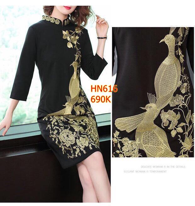 Đầm thun thêu hạc cao cấp HN616