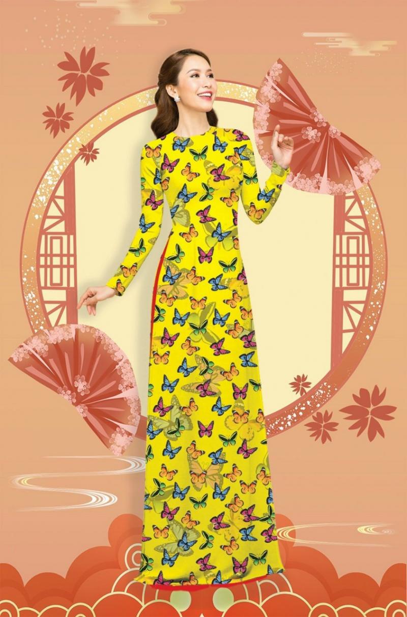 Set Bộ Áo Dài Truyền Thống In Bướm Cao Cấp - AL80