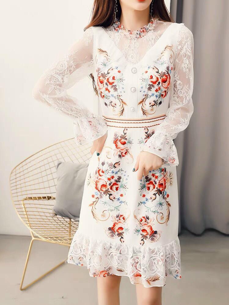 Đầm Lụa Hoa Phối Ren Bèo- HN1069