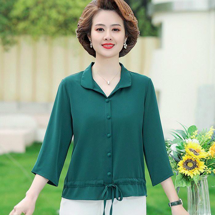 Áo Sơ Mi Trung Niên Đính Nút Rút Eo Cách Điệu - SM109
