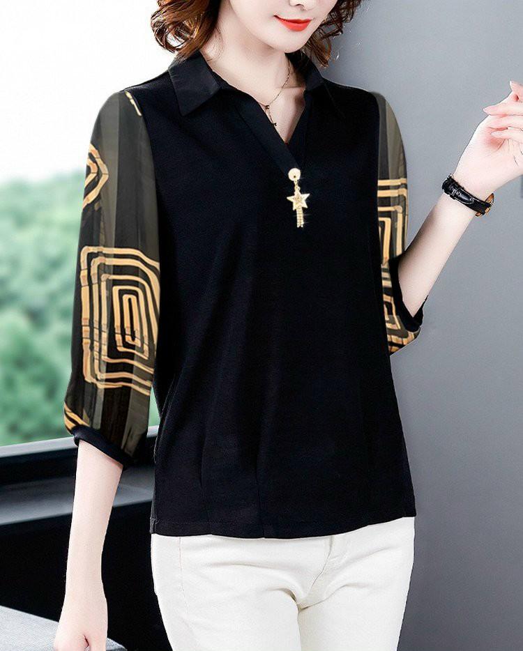 Áo Sơ Mi Trung Niên Tay Phồng Phối Họa Tiết- SM112