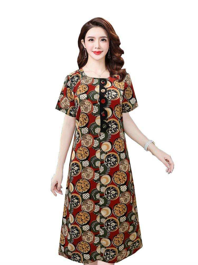 ĐẦM SUÔNG ĐÍNH NÚT GỢN SÓNG IN HỌA TIẾT SANG TRỌNG-HN1153