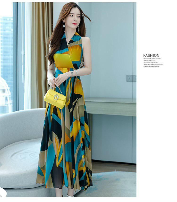 ĐẦM MAXI CỔ YẾM HOẠ TIẾT SẮC MÀU SANH TRONG-HN1162