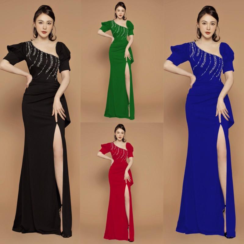 Đầm dạ hội kết pha Lê cổ xéo sang trọng- D911